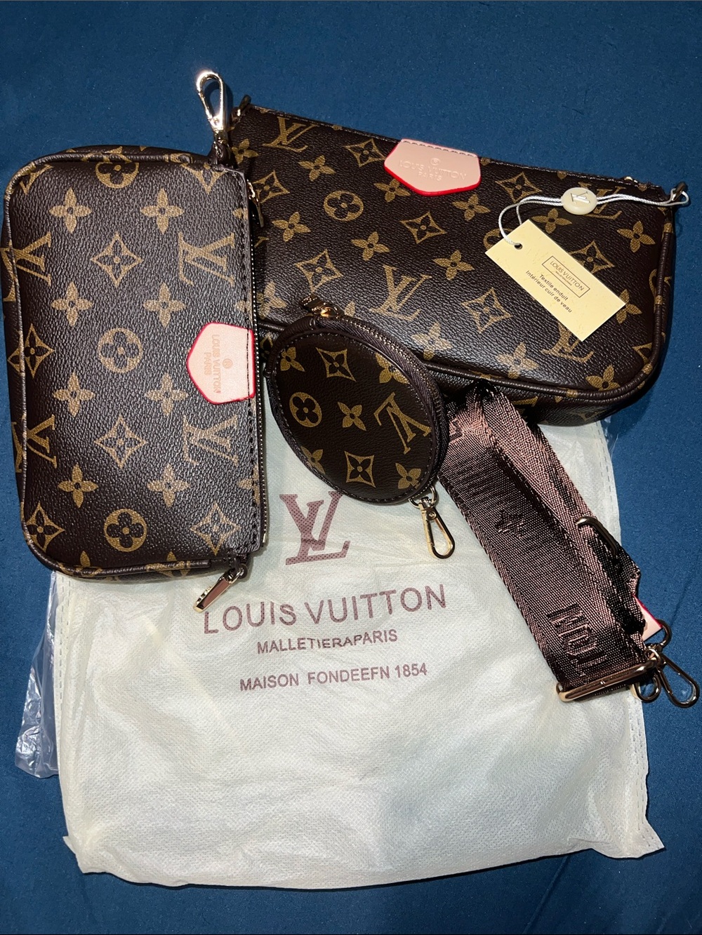Louis Vuitton Brown Monogram Multi-Pouch Set with Pink Trim